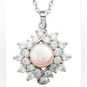 Freshwater Pearl and Simulated Diamond Pendant Necklace in Silvertone